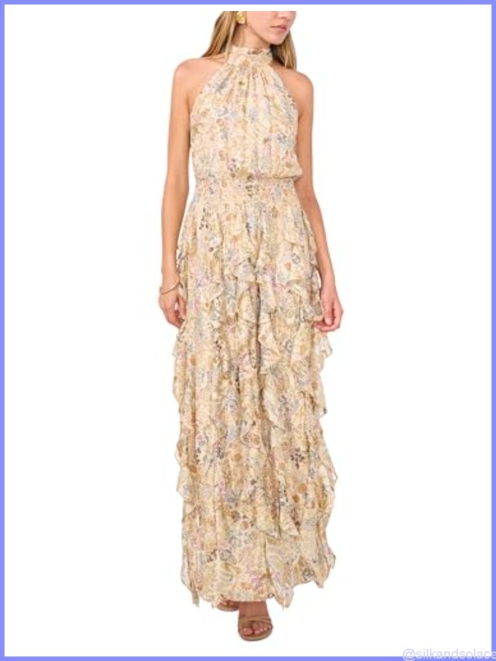 Sleeveless Cascading Maxi Dress Mock Neck Floral Fully Lined
